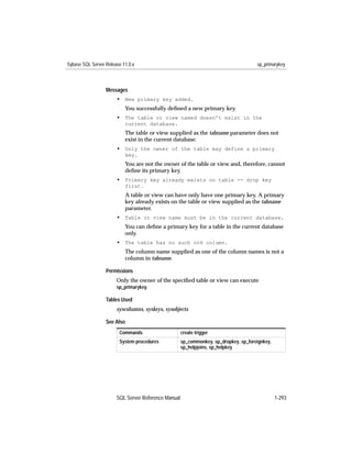 Sybase SQL Server Release 11.0.x                                                      sp_primarykey



                  Messages
                       • New primary key added.
                           You successfully deﬁned a new primary key.
                       • The table or view named doesn’t exist in the
                           current database.
                           The table or view supplied as the tabname parameter does not
                           exist in the current database.
                       • Only the owner of the table may define a primary
                           key.
                           You are not the owner of the table or view and, therefore, cannot
                           deﬁne its primary key.
                       • Primary key already exists on table -- drop key
                           first.
                           A table or view can have only have one primary key. A primary
                           key already exists on the table or view supplied as the tabname
                           parameter.
                       • Table or view name must be in the current database.
                           You can deﬁne a primary key for a table in the current database
                           only.
                       • The table has no such nth column.
                           The column name supplied as one of the column names is not a
                           column in tabname.

                  Permissions
                       Only the owner of the speciﬁed table or view can execute
                       sp_primarykey.

                  Tables Used
                       syscolumns, syskeys, sysobjects

                  See Also
                        Commands                     create trigger
                        System procedures            sp_commonkey, sp_dropkey, sp_foreignkey,
                                                     sp_helpjoins, sp_helpkey




                       SQL Server Reference Manual                                              1-293
 