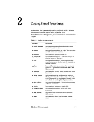 2   Catalog Stored Procedures                                                           2.



    This chapter describes catalog stored procedures, which retrieve
    information from the system tables in tabular form.
    Table 2-1 lists the catalog stored procedures that are covered in this
    chapter.

    Table 2-1: Catalog stored procedures

     Procedure              Description
     sp_column_privileges   Returns permissions information for one or more
                            columns in a table or view.
     sp_columns             Returns information about the type of data that can be
                            stored in one or more columns.
     sp_databases           Returns a list of databases on a server.
     sp_datatype_info       Returns information about a particular datatype or
                            about all supported datatypes.
     sp_fkeys               Returns information about foreign key constraints
                            created in the current database with the create table or
                            alter table command.
     sp_pkeys               Returns information about primary key constraints
                            created for a single table with the create table or alter
                            table command.
     sp_server_info         Returns a list of attribute names and matching values
                            for a server.
     sp_special_columns     Returns the optimal set of columns that uniquely
                            identify a row in a table or view; can also return a list
                            of the columns that are automatically updated when
                            any value in the row is updated by a transaction.
     sp_sproc_columns       Returns information about a stored procedure’s input
                            and return parameters.
     sp_statistics          Returns a list of indexes on a single table.
     sp_stored_procedures   Returns information about one or more stored
                            procedures.
     sp_table_privileges    Returns privilege information for all columns in a
                            table or view.
     sp_tables              Returns a list of objects that can appear in a from
                            clause.




    SQL Server Reference Manual                                                         2-1
 