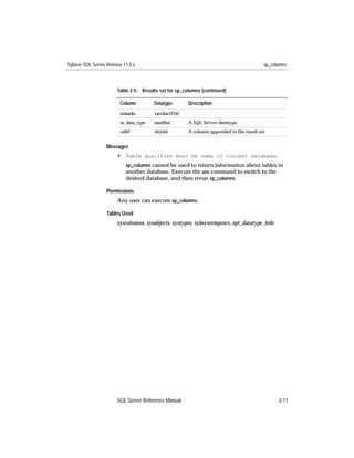 Sybase SQL Server Release 11.0.x                                                          sp_columns



                       Table 2-5: Results set for sp_columns (continued)

                        Column         Datatype        Description
                        remarks        varchar(254)
                        ss_data_type   smallint        A SQL Server datatype.
                        colid          tinyint         A column appended to the result set.


                  Messages
                       • Table qualifier must be name of current database.
                           sp_columns cannot be used to return information about tables in
                           another database. Execute the use command to switch to the
                           desired database, and then rerun sp_columns.

                  Permissions
                       Any user can execute sp_columns.

                  Tables Used
                       syscolumns, sysobjects, systypes, sybsystemprocs..spt_datatype_info




                       SQL Server Reference Manual                                              2-11
 