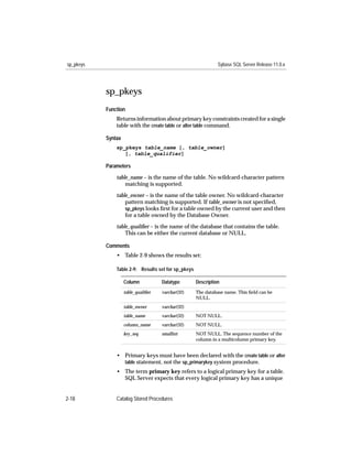 sp_pkeys                                                       Sybase SQL Server Release 11.0.x




           sp_pkeys
           Function
               Returns information about primary key constraints created for a single
               table with the create table or alter table command.

           Syntax
               sp_pkeys table_name [, table_owner]
                  [, table_qualifier]

           Parameters

               table_name – is the name of the table. No wildcard-character pattern
                   matching is supported.

               table_owner – is the name of the table owner. No wildcard-character
                   pattern matching is supported. If table_owner is not speciﬁed,
                   sp_pkeys looks ﬁrst for a table owned by the current user and then
                   for a table owned by the Database Owner.

               table_qualiﬁer – is the name of the database that contains the table.
                   This can be either the current database or NULL.

           Comments
               • Table 2-9 shows the results set:

               Table 2-9: Results set for sp_pkeys

                    Column           Datatype        Description
                    table_qualiﬁer   varchar(32)     The database name. This ﬁeld can be
                                                     NULL.
                    table_owner      varchar(32)
                    table_name       varchar(32)     NOT NULL.
                    column_name      varchar(32)     NOT NULL.
                    key_seq          smallint        NOT NULL. The sequence number of the
                                                     column in a multicolumn primary key.


               • Primary keys must have been declared with the create table or alter
                 table statement, not the sp_primarykey system procedure.
               • The term primary key refers to a logical primary key for a table.
                 SQL Server expects that every logical primary key has a unique


2-18           Catalog Stored Procedures
 