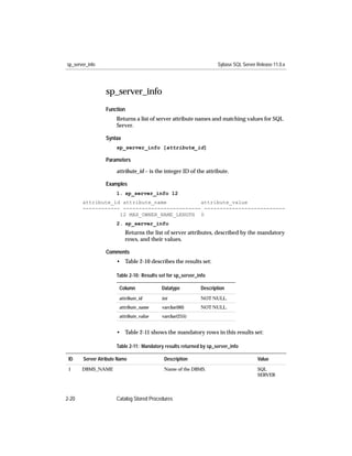 sp_server_info                                                       Sybase SQL Server Release 11.0.x




                  sp_server_info
                  Function
                       Returns a list of server attribute names and matching values for SQL
                       Server.

                  Syntax
                       sp_server_info [attribute_id]

                  Parameters

                       attribute_id – is the integer ID of the attribute.

                  Examples
                       1. sp_server_info 12
       attribute_id attribute_name           attribute_value
       ------------ ------------------------- --------------------------
                   12 MAX_OWNER_NAME_LENGTH 0
                       2. sp_server_info
                           Returns the list of server attributes, described by the mandatory
                           rows, and their values.

                  Comments
                       • Table 2-10 describes the results set:

                       Table 2-10: Results set for sp_server_info

                        Column              Datatype          Description
                        attribute_id        int               NOT NULL.
                        attribute_name      varchar(60)       NOT NULL.
                        attribute_value     varchar(255)


                       • Table 2-11 shows the mandatory rows in this results set:

                       Table 2-11: Mandatory results returned by sp_server_info

 ID     Server Atribute Name                 Description                               Value
 1     DBMS_NAME                             Name of the DBMS.                         SQL
                                                                                       SERVER




2-20                   Catalog Stored Procedures
 