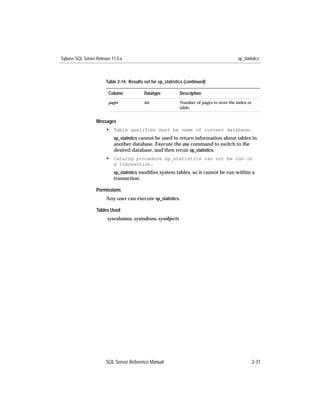 Sybase SQL Server Release 11.0.x                                                           sp_statistics



                       Table 2-14: Results set for sp_statistics (continued)

                        Column             Datatype           Description
                        pages              int                Number of pages to store the index or
                                                              table.


                  Messages
                       • Table qualifier must be name of current database.
                           sp_statistics cannot be used to return information about tables in
                           another database. Execute the use command to switch to the
                           desired database, and then rerun sp_statistics.
                       • Catalog procedure sp_statistics can not be run in
                           a transaction.
                           sp_statistics modiﬁes system tables, so it cannot be run within a
                           transaction.

                  Permissions
                       Any user can execute sp_statistics.

                  Tables Used
                        syscolumns, sysindexes, sysobjects




                       SQL Server Reference Manual                                                    2-31
 