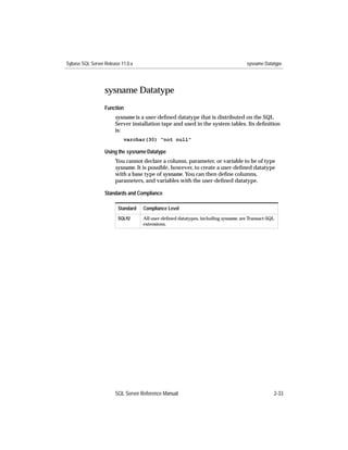 Sybase SQL Server Release 11.0.x                                                    sysname Datatype




                  sysname Datatype
                  Function
                       sysname is a user-deﬁned datatype that is distributed on the SQL
                       Server installation tape and used in the system tables. Its deﬁnition
                       is:
                           varchar(30) "not null"

                  Using the sysname Datatype
                       You cannot declare a column, parameter, or variable to be of type
                       sysname. It is possible, however, to create a user-deﬁned datatype
                       with a base type of sysname. You can then deﬁne columns,
                       parameters, and variables with the user-deﬁned datatype.

                  Standards and Compliance

                        Standard   Compliance Level
                        SQL92      All user-deﬁned datatypes, including sysname, are Transact-SQL
                                   extensions.




                       SQL Server Reference Manual                                              2-33
 