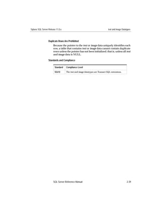 Sybase SQL Server Release 11.0.x                                              text and image Datatypes



                  Duplicate Rows Are Prohibited
                       Because the pointer to the text or image data uniquely identiﬁes each
                       row, a table that contains text or image data cannot contain duplicate
                       rows unless the pointer has not been initialized; that is, unless all text
                       and image data is NULL.

                  Standards and Compliance

                        Standard   Compliance Level
                        SQL92      The text and image datatypes are Transact-SQL extensions.




                       SQL Server Reference Manual                                                2-39
 