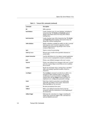 Sybase SQL Server Release 11.0.x



                  Table 3-1: Transact-SQL commands (continued)

      Command                          Description
      kill                             Kills a process.
      load database                    Loads a backup copy of a user database, including its
                                       transaction log. The listonly and headeronly options
                                       display information about the dump ﬁles without
                                       loading them.
      load transaction                 Loads a backup copy of the transaction log. The listonly
                                       and headeronly options display information about the
                                       dump ﬁles without loading them.
      online database                  Marks a database available for public use after a normal
                                       load sequence and, if needed, upgrades a loaded
                                       database and transaction log dumps to the current
                                       version of SQL Server.
      open                             Opens a cursor for processing.
      order by clause                  Returns query results in the speciﬁed column(s) in
                                       sorted order.
      prepare transaction              Used by DB-Library in a two-phase commit application
                                       to see if a server is prepared to commit a transaction.
      print                            Prints a user-deﬁned message on the user’s screen.
      raiserror                        Prints a user-deﬁned error message on the user’s screen
                                       and sets a system ﬂag to record that an error condition
                                       has occurred.
      readtext                         Reads text and image values, starting from a speciﬁed
                                       offset and reading a speciﬁed number of bytes or
                                       characters.
      reconﬁgure                       The reconﬁgure command currently has no effect; it is
                                       included to allow existing scripts to run without
                                       modiﬁcation. In previous releases, reconﬁgure was
                                       required after the sp_conﬁgure system procedure to
                                       implement new conﬁguration parameter settings.
      return                           Exits from a batch or procedure unconditionally,
                                       optionally providing a return status. Statements
                                       following return are not executed.
      revoke                           Revokes permissions from users.
      rollback                         Rolls a user-deﬁned transaction back to the last
                                       savepoint inside the transaction or to the beginning of
                                       the transaction.
      rollback trigger                 Rolls back the work done in a trigger, including the
                                       update that caused the trigger to ﬁre, and issues an
                                       optional raiserror statement.




3-4               Transact-SQL Commands
 