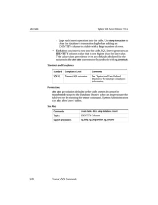 alter table                                                    Sybase SQL Server Release 11.0.x



                     - Logs each insert operation into the table. Use dump transaction to
                       clear the database’s transaction log before adding an
                       IDENTITY column to a table with a large number of rows.
                  • Each time you insert a row into the table, SQL Server generates an
                    IDENTITY column value that is one higher than the last value.
                    This value takes precedence over any defaults declared for the
                    column in the alter table statement or bound to it with sp_bindefault.

              Standards and Compliance

                   Standard   Compliance Level           Comments

                   SQL92      Transact-SQL extension     See “System and User-Deﬁned
                                                         Datatypes” for datatype compliance
                                                         information.

              Permissions
                  alter table permission defaults to the table owner; it cannot be
                  transferred except to the Database Owner, who can impersonate the
                  table owner by running the setuser command. System Administrators
                  can also alter users’ tables.

              See Also
                   Commands                  create table, dbcc, drop database, insert
                   Topics                    IDENTITY Columns

                   System procedures         sp_help, sp_helpartition, sp_rename




3-20              Transact-SQL Commands
 