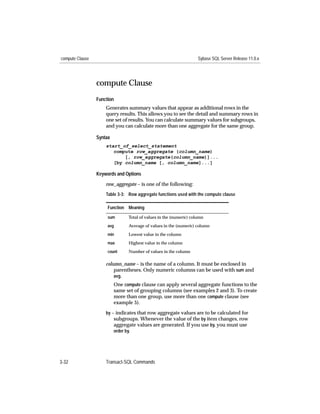 compute Clause                                                      Sybase SQL Server Release 11.0.x




                 compute Clause
                 Function
                     Generates summary values that appear as additional rows in the
                     query results. This allows you to see the detail and summary rows in
                     one set of results. You can calculate summary values for subgroups,
                     and you can calculate more than one aggregate for the same group.

                 Syntax
                     start_of_select_statement
                        compute row_aggregate (column_name)
                            [, row_aggregate(column_name)]...
                        [by column_name [, column_name]...]

                 Keywords and Options

                     row_aggregate – is one of the following:
                     Table 3-3: Row aggregate functions used with the compute clause

                      Function Meaning

                      sum       Total of values in the (numeric) column
                      avg       Average of values in the (numeric) column

                      min       Lowest value in the column
                      max       Highest value in the column
                      count     Number of values in the column

                     column_name – is the name of a column. It must be enclosed in
                         parentheses. Only numeric columns can be used with sum and
                         avg.
                          One compute clause can apply several aggregate functions to the
                          same set of grouping columns (see examples 2 and 3). To create
                          more than one group, use more than one compute clause (see
                          example 5).
                     by – indicates that row aggregate values are to be calculated for
                         subgroups. Whenever the value of the by item changes, row
                         aggregate values are generated. If you use by, you must use
                         order by.




3-32                 Transact-SQL Commands
 
