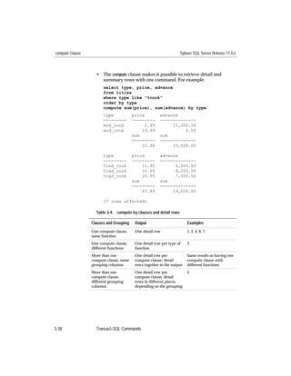 compute Clause                                                     Sybase SQL Server Release 11.0.x



                   • The compute clause makes it possible to retrieve detail and
                     summary rows with one command. For example:
                       select type, price, advance
                       from titles
                       where type like "%cook"
                       order by type
                       compute sum(price), sum(advance) by type
                       type             price          advance
                       ---------        ---------      --------------
                       mod_cook               2.99          15,000.00
                       mod_cook             19.99                0.00
                                        sum            sum
                                        ---------      --------------
                                            22.98           15,000.00

                       type             price          advance
                       ---------        ---------      --------------
                       trad_cook            11.95            4,000.00
                       trad_cook            14.99            8,000.00
                       trad_cook            20.95            7,000.00
                                        sum            sum
                                        ---------      --------------
                                            47.89           19,000.00

                       (7 rows affected)

                   Table 3-4: compute by clauses and detail rows

                 Clauses and Grouping    Output                        Examples
                 One compute clause,     One detail row                1, 2, 4, 6, 7
                 same function
                 One compute clause,     One detail row per type of    3
                 different functions     function
                 More than one           One detail row per            Same results as having one
                 compute clause, same    compute clause; detail        compute clause with
                 grouping columns        rows together in the output   different functions
                 More than one           One detail row per            5
                 compute clause,         compute clause; detail
                 different grouping      rows in different places,
                 columns                 depending on the grouping




3-38               Transact-SQL Commands
 