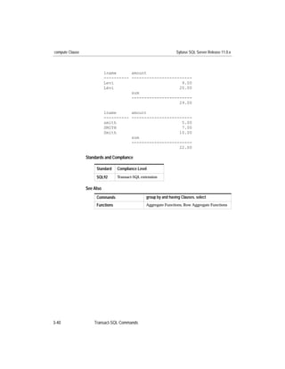 compute Clause                                                    Sybase SQL Server Release 11.0.x



                            lname      amount
                            ---------- ------------------------
                            Levi                           9.00
                            Lévi                          20.00
                                       sum
                                       ------------------------
                                                          29.00

                            lname      amount
                            ---------- ------------------------
                            smith                          5.00
                            SMITH                          7.00
                            Smith                         10.00
                                       sum
                                       ------------------------
                                                          22.00

                 Standards and Compliance

                      Standard    Compliance Level

                      SQL92       Transact-SQL extension


                 See Also
                      Commands                   group by and having Clauses, select
                      Functions                  Aggregate Functions, Row Aggregate Functions




3-40                 Transact-SQL Commands
 