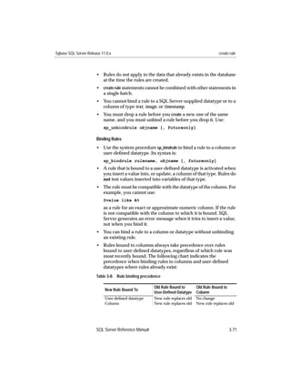 Sybase SQL Server Release 11.0.x                                                         create rule



                       • Rules do not apply to the data that already exists in the database
                         at the time the rules are created.
                       • create rule statements cannot be combined with other statements in
                         a single batch.
                       • You cannot bind a rule to a SQL Server-supplied datatype or to a
                         column of type text, image, or timestamp.
                       • You must drop a rule before you create a new one of the same
                         name, and you must unbind a rule before you drop it. Use:
                           sp_unbindrule objname [, futureonly]

                       Binding Rules
                       • Use the system procedure sp_bindrule to bind a rule to a column or
                         user-deﬁned datatype. Its syntax is:
                           sp_bindrule rulename, objname [, futureonly]
                       • A rule that is bound to a user-deﬁned datatype is activated when
                         you insert a value into, or update, a column of that type. Rules do
                         not test values inserted into variables of that type.
                       • The rule must be compatible with the datatype of the column. For
                         example, you cannot use:
                           @value like A%
                           as a rule for an exact or approximate numeric column. If the rule
                           is not compatible with the column to which it is bound, SQL
                           Server generates an error message when it tries to insert a value,
                           not when you bind it.
                       • You can bind a rule to a column or datatype without unbinding
                         an existing rule.
                       • Rules bound to columns always take precedence over rules
                         bound to user-deﬁned datatypes, regardless of which rule was
                         most recently bound. The following chart indicates the
                         precedence when binding rules to columns and user-deﬁned
                         datatypes where rules already exist:
                       Table 3-8: Rule binding precedence

                                                     Old Rule Bound to       Old Rule Bound to
                            New Rule Bound To
                                                     User-Deﬁned Datatype    Column
                            User-deﬁned datatype     New rule replaces old   No change
                            Column                   New rule replaces old   New rule replaces old




                       SQL Server Reference Manual                                               3-71
 