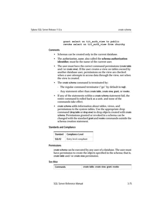 Sybase SQL Server Release 11.0.x                                                            create schema



                                   grant select on tit_auth_view to public
                                   revoke select on tit_auth_view from churchy

                  Comments
                       • Schemas can be created only in the current database.
                       • The authorization_name, also called the schema authorization
                         identiﬁer, must be the name of the current user.
                       • The user must have the correct command permissions (create table
                         and/or create view). If the user creates a view on tables owned by
                         another database user, permissions on the view are checked
                         when a user attempts to access data through the view, not when
                         the view is created.
                       • The create schema command is terminated by:
                           - The regular command terminator (“go” by default in isql).
                           - Any statement other than create table, create view, grant, or revoke.
                       • If any of the statements within a create schema statement fail, the
                         entire command is rolled back as a unit, and none of the
                         commands take effect.
                       • create schema adds information about tables, views, and
                         permissions to the system tables. Use the appropriate drop
                         command (drop table or drop view) to drop objects created with create
                         schema. Permissions granted or revoked in a schema can be
                         changed with the standard grant and revoke commands outside the
                         schema creation statement.

                  Standards and Compliance

                        Standard     Compliance Level

                        SQL92        Entry level compliant


                  Permissions
                       create schema can be executed by any user of a database. The user must
                       have permission to create the objects speciﬁed in the schema; that is,
                       create table and/or create view permission.

                  See Also
                        Commands                     create table, create view, grant, revoke




                       SQL Server Reference Manual                                                   3-75
 