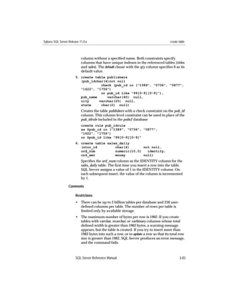 Sybase SQL Server Release 11.0.x                                                     create table



                           column without a speciﬁed name. Both constraints specify
                           columns that have unique indexes in the referenced tables (titles
                           and sales). The default clause with the qty column speciﬁes 0 as its
                           default value.
                       5. create table publishers
                          (pub_idchar(4)not null
                                    check (pub_id in ("1389", "0736", "0877",
                          "1622", "1756")
                                    or pub_id like "99[0-9][0-9]"),
                          pub_name     varchar(40) null,
                          city     varchar(20) null,
                          state     char(2) null)
                           Creates the table publishers with a check constraint on the pub_id
                           column. This column-level constraint can be used in place of the
                           pub_idrule included in the pubs2 database:
                           create rule pub_idrule
                           as @pub_id in ("1389", "0736", "0877",
                           "1622", "1756")
                           or @pub_id like "99[0-9][0-9]"
                       6. create table sales_daily
                          (stor_id         char(4)       not null,
                          ord_num          numeric(10,0)   identity,
                          ord_amt          money         null)
                           Speciﬁes the ord_num column as the IDENTITY column for the
                           sales_daily table. The ﬁrst time you insert a row into the table,
                           SQL Server assigns a value of 1 to the IDENTITY column. On
                           each subsequent insert, the value of the column is incremented
                           by 1.

                  Comments

                       Restrictions
                       • There can be up to 2 billion tables per database and 250 user-
                         deﬁned columns per table. The number of rows per table is
                         limited only by available storage.
                       • The maximum number of bytes per row is 1962. If you create
                         tables with varchar, nvarchar, or varbinary columns whose total
                         deﬁned width is greater than 1962 bytes, a warning message
                         appears, but the table is created. If you try to insert more than
                         1962 bytes into such a row, or to update a row so that its total row
                         size is greater than 1962, SQL Server produces an error message,
                         and the command fails.



                       SQL Server Reference Manual                                          3-83
 
