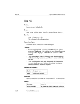 drop rule                                                    Sybase SQL Server Release 11.0.x




            drop rule
            Function
                Removes a user-deﬁned rule.

            Syntax
                drop rule [owner.]rule_name [, [owner.]rule_name]...

            Examples
                     drop rule pubid_rule
                     The rule pubid_rule no longer exists.

            Keywords and Options

                rule_name – is the name of the rule to be dropped.

            Comments
                • Before dropping a rule, you must unbind it using the system
                  procedure sp_unbindrule. If the rule has not been unbound, an error
                  message will be displayed and the drop rule command will be
                  aborted.
                • You can bind a new rule to a column or user-deﬁned datatype
                  without unbinding its current rule. The new rule overrides the
                  old one.
                • After you drop a rule, new data entered into the columns that
                  were previously governed by it goes in without constraints.
                  Existing data is not affected in any way.

            Standards and Compliance

                 Standard    Compliance Level
                 SQL92       Transact-SQL extension


            Permissions
                drop rule permission defaults to the rule owner and is not transferable.

            See Also
                 Commands                   create rule
                 System procedures          sp_bindrule, sp_help, sp_helptext, sp_unbindrule



3-160           Transact-SQL Commands
 