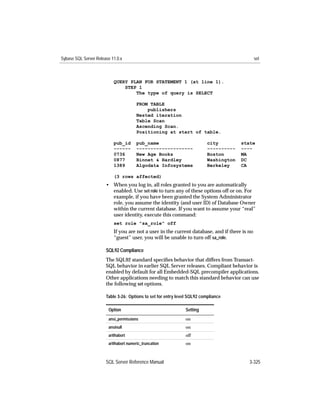 Sybase SQL Server Release 11.0.x                                                               set



                           QUERY PLAN FOR STATEMENT 1 (at line 1).
                               STEP 1
                                   The type of query is SELECT

                                        FROM TABLE
                                            publishers
                                        Nested iteration
                                        Table Scan
                                        Ascending Scan.
                                        Positioning at start of table.

                           pub_id       pub_name                           city         state
                           ------       --------------------               ----------   ----
                           0736         New Age Books                      Boston       MA
                           0877         Binnet & Hardley                   Washington   DC
                           1389         Algodata Infosystems               Berkeley     CA

                           (3 rows affected)
                       • When you log in, all roles granted to you are automatically
                         enabled. Use set role to turn any of these options off or on. For
                         example, if you have been granted the System Administrator
                         role, you assume the identity (and user ID) of Database Owner
                         within the current database. If you want to assume your “real”
                         user identity, execute this command:
                           set role "sa_role" off
                           If you are not a user in the current database, and if there is no
                           “guest” user, you will be unable to turn off sa_role.

                       SQL92 Compliance
                       The SQL92 standard speciﬁes behavior that differs from Transact-
                       SQL behavior in earlier SQL Server releases. Compliant behavior is
                       enabled by default for all Embedded-SQL precompiler applications.
                       Other applications needing to match this standard behavior can use
                       the following set options.

                       Table 3-26: Options to set for entry level SQL92 compliance

                        Option                                  Setting
                        ansi_permissions                        on
                        ansinull                                on
                        arithabort                              off
                        arithabort numeric_truncation           on



                       SQL Server Reference Manual                                         3-325
 