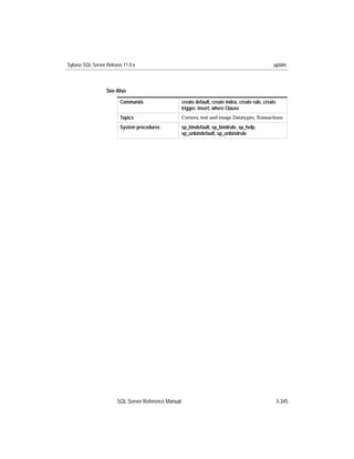 Sybase SQL Server Release 11.0.x                                                                    update



                  See Also
                        Commands                     create default, create index, create rule, create
                                                     trigger, insert, where Clause
                        Topics                       Cursors, text and image Datatypes, Transactions

                        System procedures            sp_bindefault, sp_bindrule, sp_help,
                                                     sp_unbindefault, sp_unbindrule




                       SQL Server Reference Manual                                                       3-345
 