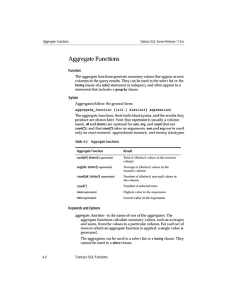 Aggregate Functions                                                      Sybase SQL Server Release 11.0.x




                  Aggregate Functions
                  Function
                      The aggregate functions generate summary values that appear as new
                      columns in the query results. They can be used in the select list or the
                      having clause of a select statement or subquery, and often appear in a
                      statement that includes a group by clause.

                  Syntax
                      Aggregates follow the general form:
                      aggregate_function ([all | distinct] expression)
                      The aggregate functions, their individual syntax, and the results they
                      produce are shown later. Note that expression is usually a column
                      name, all and distinct are optional for sum, avg, and count (but not
                      count(*)), and that count(*) takes no arguments. sum and avg can be used
                      only on exact numeric, approximate numeric, and money datatypes.

                      Table 4-2: Aggregate functions

                       Aggregate Function                   Result
                       sum([all | distinct] expression)     Total of (distinct) values in the numeric
                                                            column
                       avg([all | distinct] expression)     Average of (distinct) values in the
                                                            numeric column
                       count([all | distinct] expression)   Number of (distinct) non-null values in
                                                            the column
                       count(*)                             Number of selected rows

                       max(expression)                      Highest value in the expression
                       min(expression)                      Lowest value in the expression


                  Keywords and Options
                      aggregate_function – is the name of one of the aggregates. The
                         aggregate functions calculate summary values, such as averages
                         and sums, from the values in a particular column. For each set of
                         rows to which an aggregate function is applied, a single value is
                         generated.
                           The aggregates can be used in a select list or a having clause. They
                           cannot be used in a where clause.


4-2                   Transact-SQL Functions
 