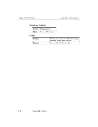 Datatype Conversion Functions                                        Sybase SQL Server Release 11.0.x



                  Standards and Compliance

                         Standard    Compliance Level
                         SQL92       Transact-SQL extension


                  See Also
                         Functions                  Date Functions, Mathematical Functions, String
                                                    Functions, text and image Functions
                         Datatypes                  System and User-Deﬁned Datatypes




4-18                    Transact-SQL Functions
 