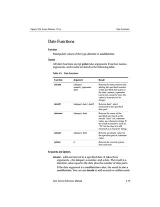 Sybase SQL Server Release 11.0.x                                                          Date Functions




                  Date Functions
                  Function
                       Manipulate values of the type datetime or smalldatetime.

                  Syntax
                       All date functions except getdate take arguments. Function names,
                       arguments, and results are listed in the following table.

                       Table 4-5: Date functions

                        Function           Argument                   Result
                        dateadd            (datepart,                 Returns the date produced by
                                           numeric_expression,        adding the speciﬁed number
                                           date)                      of the speciﬁed date parts to
                                                                      the date. numeric_expression
                                                                      can be any numeric type; the
                                                                      value is truncated to an
                                                                      integer.
                        datediff           (datepart, date1, date2)   Returns date2 - date1,
                                                                      measured in the speciﬁed
                                                                      date part.
                        datename           (datepart, date)           Returns the name of the
                                                                      speciﬁed part (such as the
                                                                      month “June”) of a datetime
                                                                      value, as a character string. If
                                                                      the result is numeric, such as
                                                                      “23” for the day, it is still
                                                                      returned as a character string.
                        datepart           (datepart, date)           Returns an integer value for
                                                                      the speciﬁed part of a datetime
                                                                      value.
                        getdate            ()                         Returns the current system
                                                                      date and time.


                  Keywords and Options
                       dateadd – adds an interval to a speciﬁed date. It takes three
                           arguments—the datepart, a number, and a date. The result is a
                           datetime value equal to the date plus the number of date parts.
                           If the date argument is a smalldatetime value, the result is also a
                           smalldatetime. You can use dateadd to add seconds or milliseconds



                       SQL Server Reference Manual                                                  4-19
 