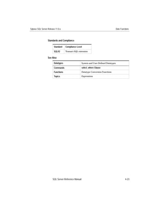 Sybase SQL Server Release 11.0.x                                                        Date Functions



                  Standards and Compliance

                        Standard    Compliance Level
                        SQL92       Transact-SQL extension


                  See Also

                        Datatypes                    System and User-Deﬁned Datatypes

                        Commands                     select, where Clause
                        Functions                    Datatype Conversion Functions

                        Topics                       Expressions




                       SQL Server Reference Manual                                                4-23
 