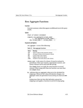 Sybase SQL Server Release 11.0.x                                               Row Aggregate Functions




                  Row Aggregate Functions
                  Function
                       Generate summary values that appear as additional rows in the query
                       results.

                  Syntax
                       Start of select statement
                       compute row_aggregate(column_name)
                              [, row_aggregate(column_name)]...
                          [by column_name [, column_name]...]

                  Keywords and Options

                       row_aggregate – is one of the following:
                       Table 4-9: Row aggregate functions

                        Name       Meaning
                        sum        Total of values in the (numeric) column
                        avg        Average of values in the (numeric) column
                        min        Lowest value in the column
                        max        Highest value in the column
                        count      Number of non-null values in the column

                       column_name – is the name of a column. It must be enclosed in
                           parentheses. Only exact numeric, approximate numeric, and
                           money columns can be used with sum and avg.
                           One compute clause can apply the same function to several
                           columns. When using more than one function, use more than
                           one compute clause.
                       by – indicates that row aggregate values are to be calculated for
                           subgroups. Whenever the value of the by item changes, row
                           aggregate values are generated. If you use by, you must use order
                           by.
                           Listing more than one item after by breaks a group into
                           subgroups and applies a function at each level of grouping.




                       SQL Server Reference Manual                                                4-29
 