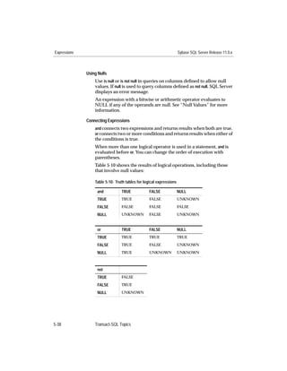 Expressions                                                          Sybase SQL Server Release 11.0.x



              Using Nulls
                  Use is null or is not null in queries on columns deﬁned to allow null
                  values. If null is used to query columns deﬁned as not null, SQL Server
                  displays an error message.
                  An expression with a bitwise or arithmetic operator evaluates to
                  NULL if any of the operands are null. See “Null Values” for more
                  information.

              Connecting Expressions
                  and connects two expressions and returns results when both are true.
                  or connects two or more conditions and returns results when either of
                  the conditions is true.
                  When more than one logical operator is used in a statement, and is
                  evaluated before or. You can change the order of execution with
                  parentheses.
                  Table 5-10 shows the results of logical operations, including those
                  that involve null values:

                  Table 5-10: Truth tables for logical expressions

                   and           TRUE            FALSE               NULL
                   TRUE          TRUE            FALSE               UNKNOWN

                   FALSE         FALSE           FALSE               FALSE

                   NULL          UNKNOWN         FALSE               UNKNOWN


                   or            TRUE            FALSE               NULL
                   TRUE          TRUE            TRUE                TRUE

                   FALSE         TRUE            FALSE               UNKNOWN

                   NULL          TRUE            UNKNOWN             UNKNOWN



                   not
                   TRUE          FALSE

                   FALSE         TRUE

                   NULL          UNKNOWN




5-38              Transact-SQL Topics
 