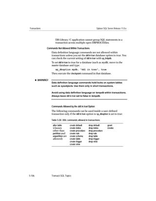 Transactions                                                       Sybase SQL Server Release 11.0.x



                         DB-Library/C application cannot group SQL statements in a
                         transaction across multiple open DBPROCESSes.

                 Commands Not Allowed Within Transactions
                     Data deﬁnition language commands are not allowed within
                     transactions unless you set the ddl in tran database option to true. You
                     can check the current setting of ddl in tran with sp_helpdb.
                     To set ddl in tran to true for a database (such as mydb), move to the
                     master database and type:
                         sp_dboption mydb, "ddl in tran", true
                     Then execute the checkpoint command in that database.

        x WARNING!
                     Data deﬁnition language commands hold locks on system tables
                     such as sysobjects. Use them only in short transactions.

                     Avoid using data deﬁnition language on tempdb within transactions.
                     Always leave ddl in tran set to false in tempdb.



                     Commands Allowed by the ddl in tran Option
                     The following commands can be used inside a user-deﬁned
                     transaction only if the ddl in tran option to sp_dboption is set to true:

                     Table 5-20: DDL commands allowed in transactions

                      alter table       create default     drop default       grant
                      (clauses          create index       drop index         revoke
                      other than        create procedure   drop procedure
                      partition and     create rule        drop rule
                      unpartition are   create schema      drop table
                      allowed)          create table       drop trigger
                                        create trigger     drop view
                                        create view




5-106                Transact-SQL Topics
 