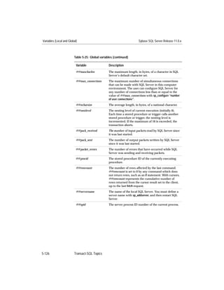 Variables (Local and Global)                                             Sybase SQL Server Release 11.0.x



                         Table 5-25: Global variables (continued)

                           Variable               Description
                           @@maxcharlen           The maximum length, in bytes, of a character in SQL
                                                  Server’s default character set.
                           @@max_connections      The maximum number of simultaneous connections
                                                  that can be made with SQL Server in this computer
                                                  environment. The user can conﬁgure SQL Server for
                                                  any number of connections less than or equal to the
                                                  value of @@max_connections with sp_conﬁgure ‘‘number
                                                  of user connections’’.
                           @@ncharsize            The average length, in bytes, of a national character.
                           @@nestlevel            The nesting level of current execution (initially 0).
                                                  Each time a stored procedure or trigger calls another
                                                  stored procedure or trigger, the nesting level is
                                                  incremented. If the maximum of 16 is exceeded, the
                                                  transaction aborts.
                           @@pack_received        The number of input packets read by SQL Server since
                                                  it was last started.
                           @@pack_sent            The number of output packets written by SQL Server
                                                  since it was last started.
                           @@packet_errors        The number of errors that have occurred while SQL
                                                  Server was sending and receiving packets.
                           @@procid               The stored procedure ID of the currently executing
                                                  procedure.
                           @@rowcount             The number of rows affected by the last command.
                                                  @@rowcount is set to 0 by any command which does
                                                  not return rows, such as an if statement. With cursors,
                                                  @@rowcount represents the cumulative number of
                                                  rows returned from the cursor result set to the client,
                                                  up to the last fetch request.
                           @@servername           The name of the local SQL Server. You must deﬁne a
                                                  server name with sp_addserver, and then restart SQL
                                                  Server.
                           @@spid                 The server process ID number of the current process.




5-126                    Transact-SQL Topics
 