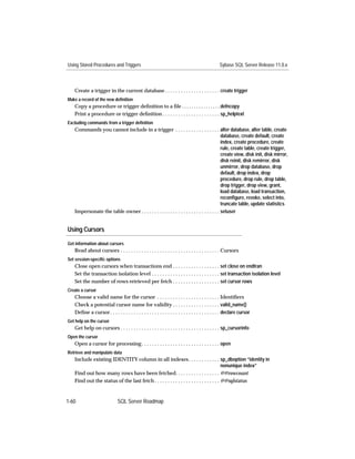 Using Stored Procedures and Triggers                                                            Sybase SQL Server Release 11.0.x



   Create a trigger in the current database . . . . . . . . . . . . . . . . . . . . . create trigger
Make a record of the new definition
   Copy a procedure or trigger deﬁnition to a ﬁle . . . . . . . . . . . . . . . . defncopy
   Print a procedure or trigger deﬁnition . . . . . . . . . . . . . . . . . . . . . . sp_helptext
Excluding commands from a trigger definition
   Commands you cannot include in a trigger . . . . . . . . . . . . . . . . . alter database, alter table, create
                                                                                           database, create default, create
                                                                                           index, create procedure, create
                                                                                           rule, create table, create trigger,
                                                                                           create view, disk init, disk mirror,
                                                                                           disk reinit, disk remirror, disk
                                                                                           unmirror, drop database, drop
                                                                                           default, drop index, drop
                                                                                           procedure, drop rule, drop table,
                                                                                           drop trigger, drop view, grant,
                                                                                           load database, load transaction,
                                                                                           reconﬁgure, revoke, select into,
                                                                                           truncate table, update statistics
   Impersonate the table owner . . . . . . . . . . . . . . . . . . . . . . . . . . . . . . setuser


Using Cursors

Get information about cursors
   Read about cursors . . . . . . . . . . . . . . . . . . . . . . . . . . . . . . . . . . . . . . Cursors
Set session-specific options
   Close open cursors when transactions end . . . . . . . . . . . . . . . . . . set close on endtran
   Set the transaction isolation level . . . . . . . . . . . . . . . . . . . . . . . . . . set transaction isolation level
   Set the number of rows retrieved per fetch . . . . . . . . . . . . . . . . . . set cursor rows
Create a cursor
   Choose a valid name for the cursor . . . . . . . . . . . . . . . . . . . . . . . . Identiﬁers
   Check a potential cursor name for validity . . . . . . . . . . . . . . . . . . valid_name()
   Deﬁne a cursor . . . . . . . . . . . . . . . . . . . . . . . . . . . . . . . . . . . . . . . . . . declare cursor
Get help on the cursor
   Get help on cursors . . . . . . . . . . . . . . . . . . . . . . . . . . . . . . . . . . . . . . sp_cursorinfo
Open the cursor
   Open a cursor for processing . . . . . . . . . . . . . . . . . . . . . . . . . . . . . . open
Retrieve and manipulate data
   Include existing IDENTITY column in all indexes . . . . . . . . . . . . sp_dboption “identity in
                                                                                           nonunique index”
   Find out how many rows have been fetched. . . . . . . . . . . . . . . . . @@rowcount
   Find out the status of the last fetch . . . . . . . . . . . . . . . . . . . . . . . . . @@sqlstatus


1-60                          SQL Server Roadmap
 
