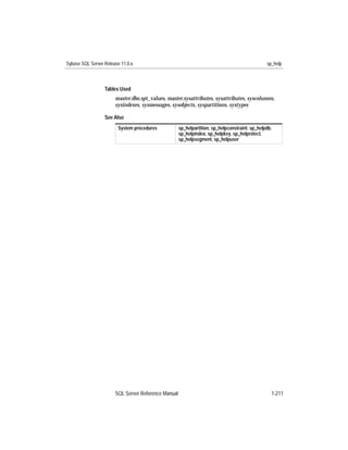 Sybase SQL Server Release 11.0.x                                                                sp_help



                  Tables Used
                       master.dbo.spt_values, master.sysattributes, sysattributes, syscolumns,
                       sysindexes, sysmessages, sysobjects, syspartitions, systypes

                  See Also
                        System procedures            sp_helpartition, sp_helpconstraint, sp_helpdb,
                                                     sp_helpindex, sp_helpkey, sp_helprotect,
                                                     sp_helpsegment, sp_helpuser




                       SQL Server Reference Manual                                                1-211
 