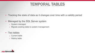 TEMPORAL TABLES
• Tracking the state of data as it changes over time with a validity period
• Managed by the SQL Server system
o System managed
o Migrate existing table to system management
• Two tables
o Current table
o History table
 