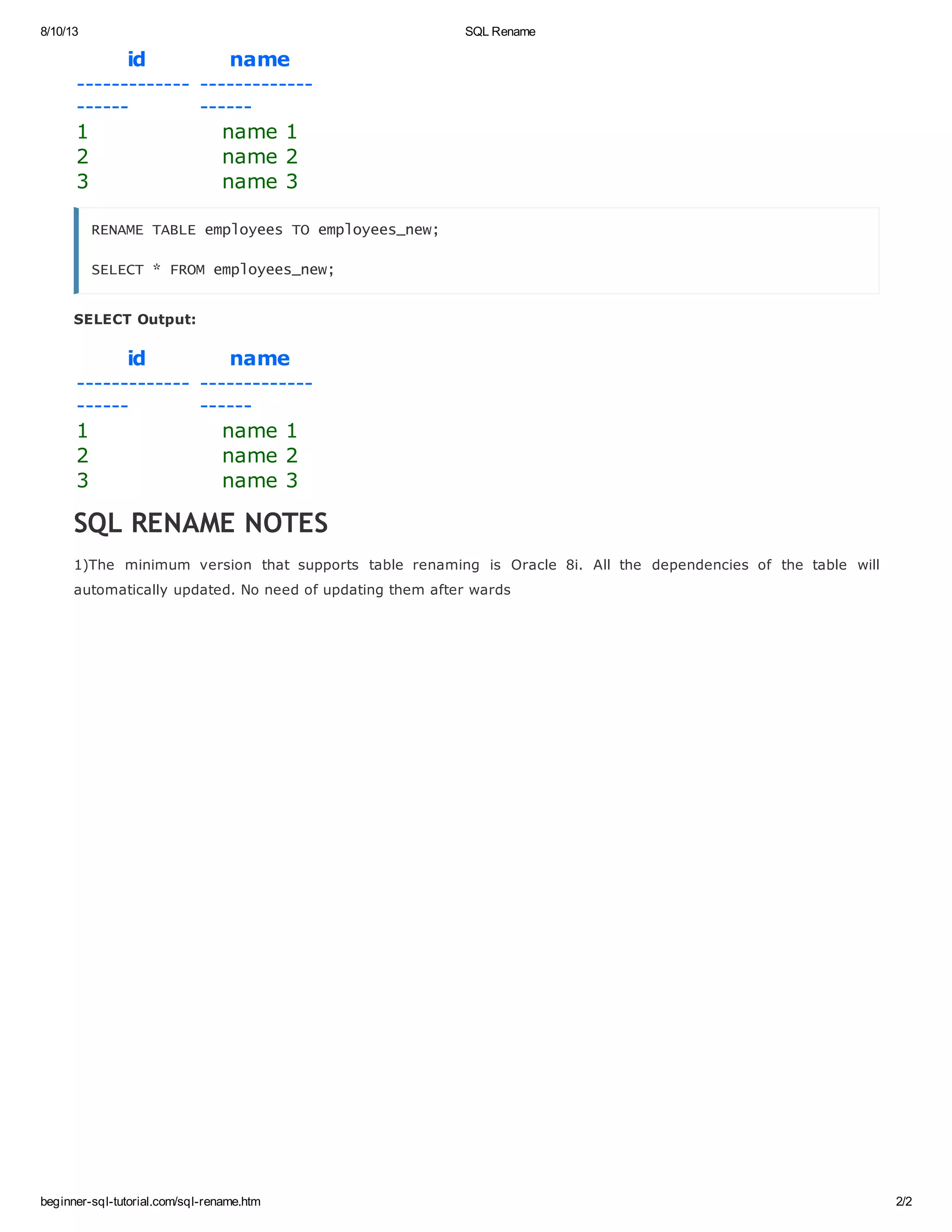 Sql rename | PDF | Databases | Computer Software and Applications image.