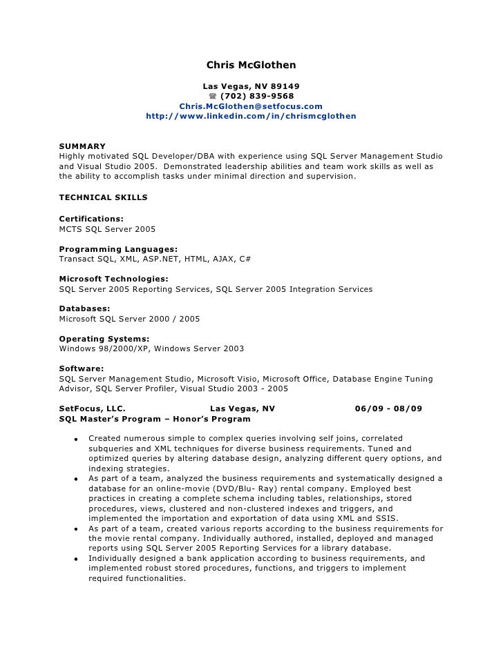 sample resume for sql server dba
