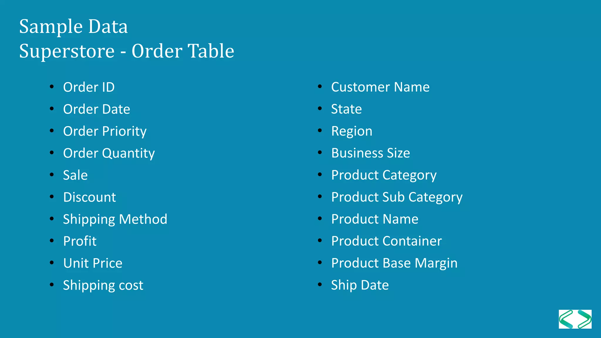 Sample Data
Superstore - Order Table
• Order ID
• Order Date
• Order Priority
• Order Quantity
• Sale
• Discount
• Shipping Method
• Profit
• Unit Price
• Shipping cost
• Customer Name
• State
• Region
• Business Size
• Product Category
• Product Sub Category
• Product Name
• Product Container
• Product Base Margin
• Ship Date
 