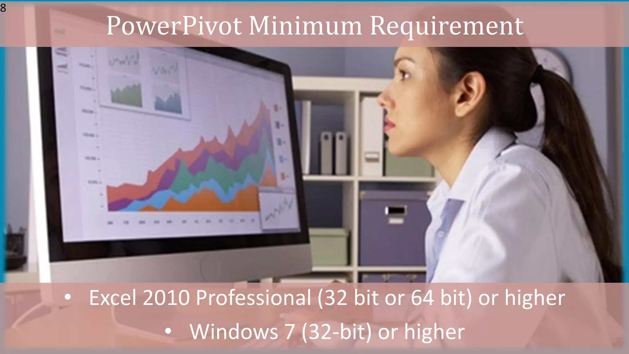 PowerPivot Minimum Requirement
• Excel 2010 Professional (32 bit or 64 bit) or higher
• Windows 7 (32-bit) or higher
8
 