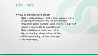 Data - Now
• New challenges have arisen
• Data is captured across most systems in an enterprise,
producing Petabytes of new raw data annually
• Integration across multiple source systems, is expected
• Access is expected to be instantaneous
• Data reliability and quality are critical
• Big data leading to huge influxes of data
• IOT is transforming the data landscape
• And many more…
 