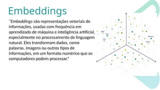 Embeddings
“Embeddings são representações vetoriais de
informações, usadas com frequência em
aprendizado de máquina e inteligência artificial,
especialmente no processamento de linguagem
natural. Eles transformam dados, como
palavras, imagens ou outros tipos de
informações, em um formato numérico que os
computadores podem processar.”
 