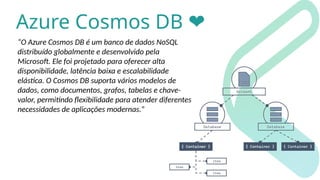 Azure Cosmos DB ❤️
“O Azure Cosmos DB é um banco de dados NoSQL
distribuído globalmente e desenvolvido pela
Microsoft. Ele foi projetado para oferecer alta
disponibilidade, latência baixa e escalabilidade
elástica. O Cosmos DB suporta vários modelos de
dados, como documentos, grafos, tabelas e chave-
valor, permitindo flexibilidade para atender diferentes
necessidades de aplicações modernas.”
 