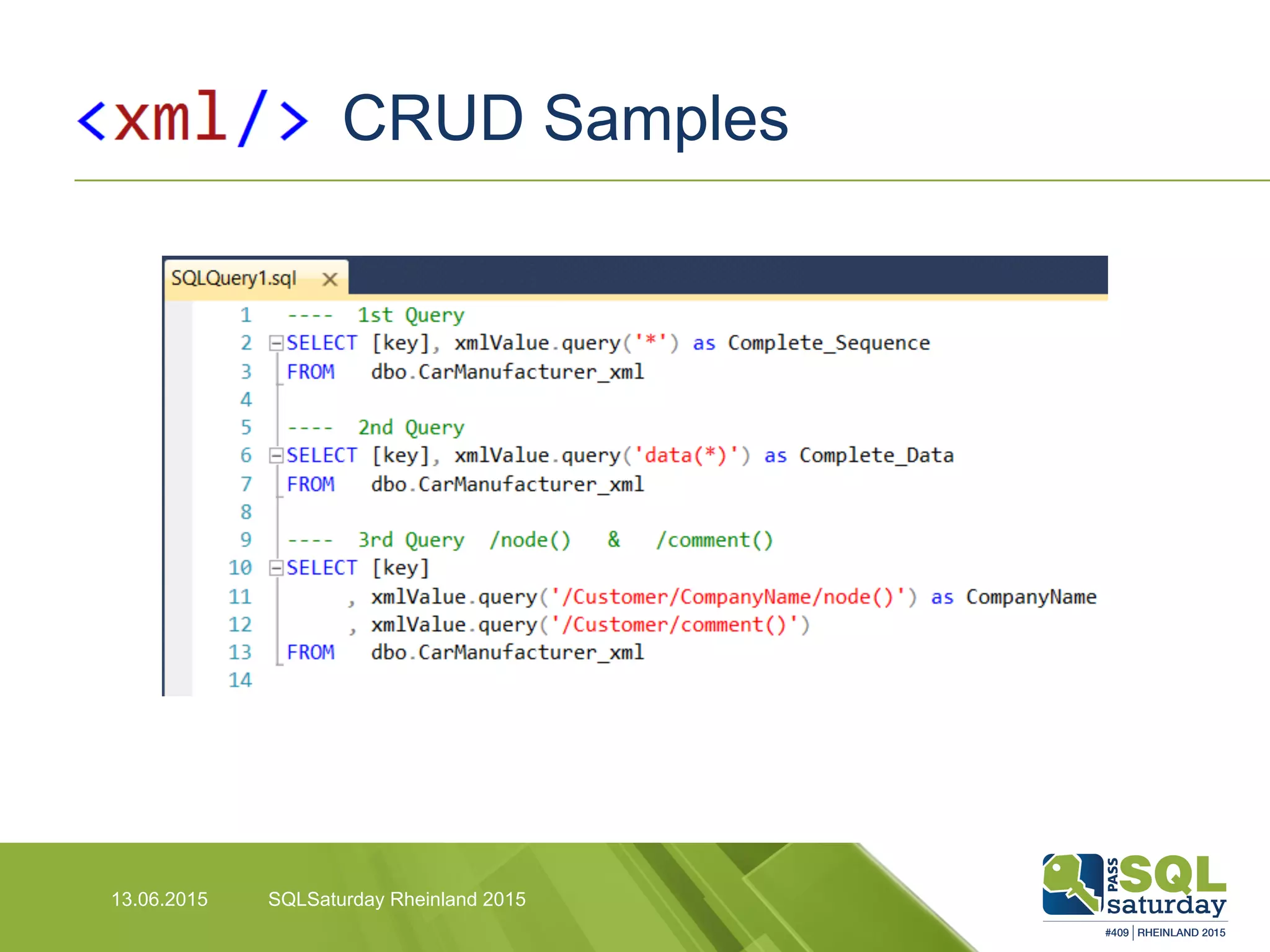 CRUD Samples
13.06.2015 SQLSaturday Rheinland 2015
 