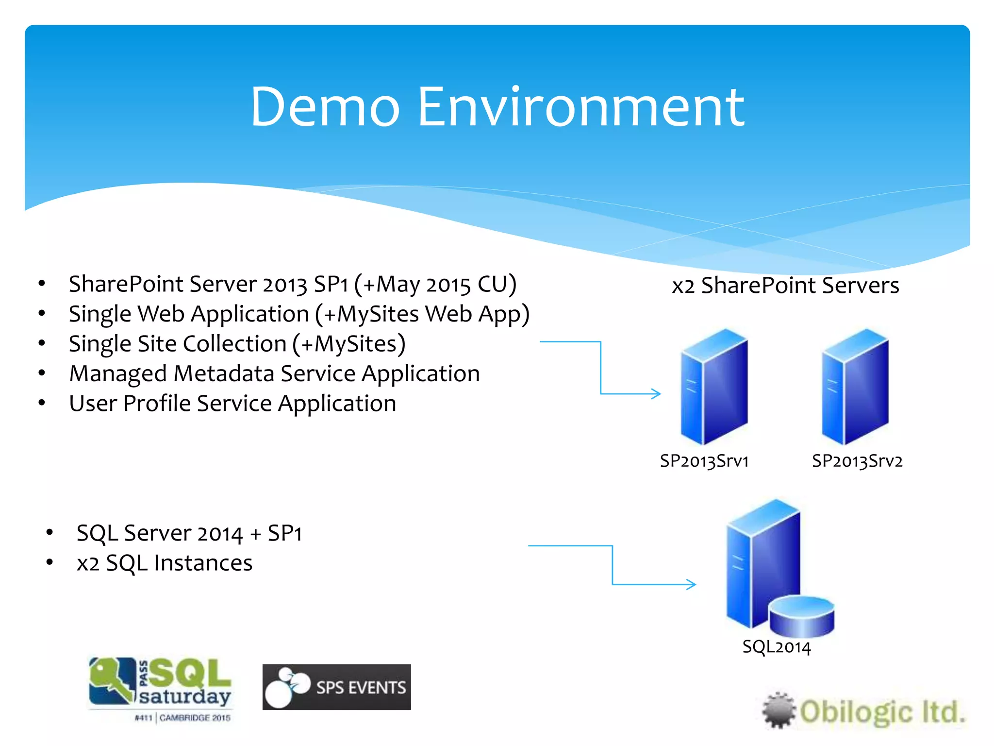 Demo Environment
• SharePoint Server 2013 SP1 (+May 2015 CU)
• Single Web Application (+MySites Web App)
• Single Site Collection (+MySites)
• Managed Metadata Service Application
• User Profile Service Application
• SQL Server 2014 + SP1
• x2 SQL Instances
x2 SharePoint Servers
SQL2014
SP2013Srv1 SP2013Srv2
 