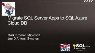Migrate SQL Server Apps to SQL Azure Cloud DB Mark Kromer, Microsoft Joe D’Antoni, Synthes 