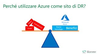 Costi Benefici
Microsoft Azure
Nuove
tecnologie
Microsoft
Azure
Perché utilizzare Azure come sito di DR?
 