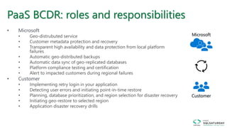 PaaS BCDR: roles and responsibilities
• Microsoft
• Geo-distrubuted service
• Customer metadata protection and recovery
• Transparent high availability and data protection from local platform
failures
• Automatic geo-distributed backups
• Automatic data sync of geo-replicated databases
• Platform compliance testing and certification
• Alert to impacted customers during regional failures
• Customer
• Implementing retry login in your application
• Detecting user errors and initiating point-in-time restore
• Planning, database prioritization, and region selection for disaster recovery
• Initiating geo-restore to selected region
• Application disaster recovery drills
Microsoft
Customer
 