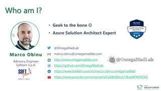 Marco Obinu
Advisory Engineer
SoftJam S.p.A.
@OmegaMadLab
marco.obinu@omegamadlab.com
http://www.omegamadlab.com
https://github.com/OmegaMadLab
https://www.linkedin.com/in/marco-obinu-omegamadlab/
https://www.youtube.com/channel/UCpkBeQSscC1iBvpNP4VNTKQ
• Geek to the bone 
• Azure Solution Architect Expert
Who am I?
 