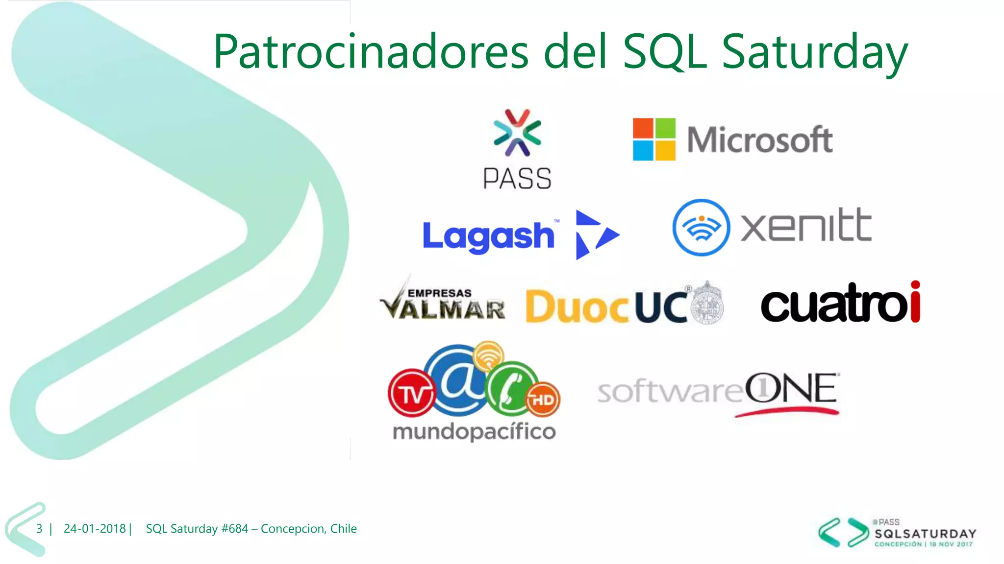 Patrocinadores del SQL Saturday
24-01-2018 | SQL Saturday #684 – Concepcion, Chile3 |
 
