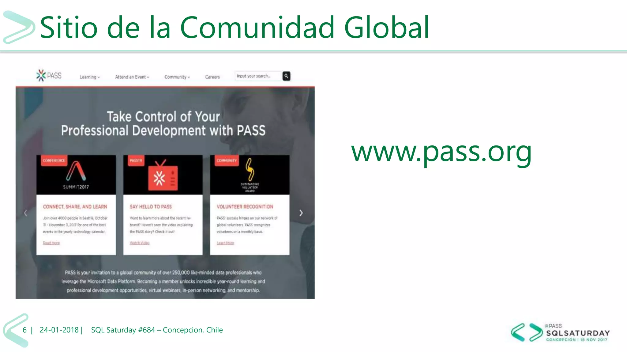 Sitio de la Comunidad Global
24-01-2018 | SQL Saturday #684 – Concepcion, Chile6 |
www.pass.org
 