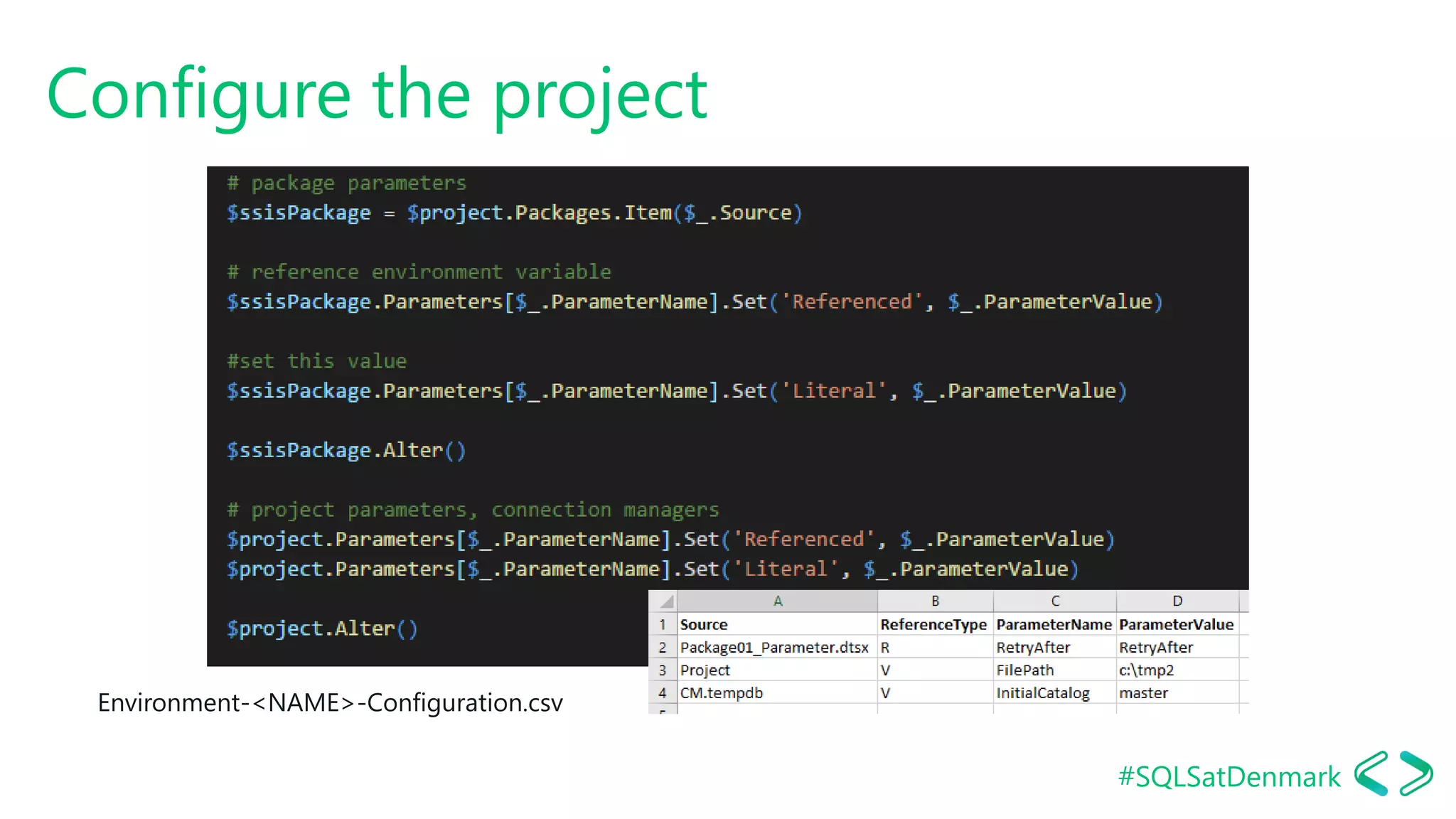 #SQLSatDenmark
Configure the project
Environment-<NAME>-Configuration.csv
 