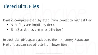 Cathrine Wilhelmsen - contact@cathrinewilhelmsen.net
Tiered Biml Files
Biml is compiled step-by-step from lowest to highes...
