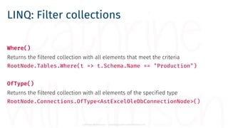Cathrine Wilhelmsen - contact@cathrinewilhelmsen.net
LINQ: Filter collections
Where()
Returns the filtered collection with...