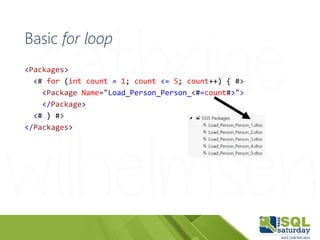 Basic for loop
<Packages>
<# for (int count = 1; count <= 5; count++) { #>
<Package Name="Load_Person_Person_<#=count#>">
...