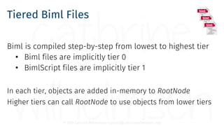 © 2018 Cathrine Wilhelmsen (contact@cathrinewilhelmsen.net)
Tiered Biml Files
Biml is compiled step-by-step from lowest to...